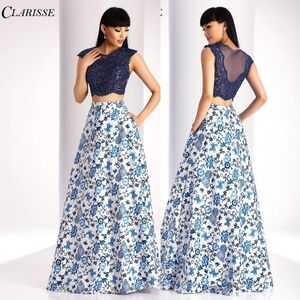 Clarisse Prom 3217 Blue Illusion Mesh Beaded Crop Top Floral Full Maxi Skirt 6